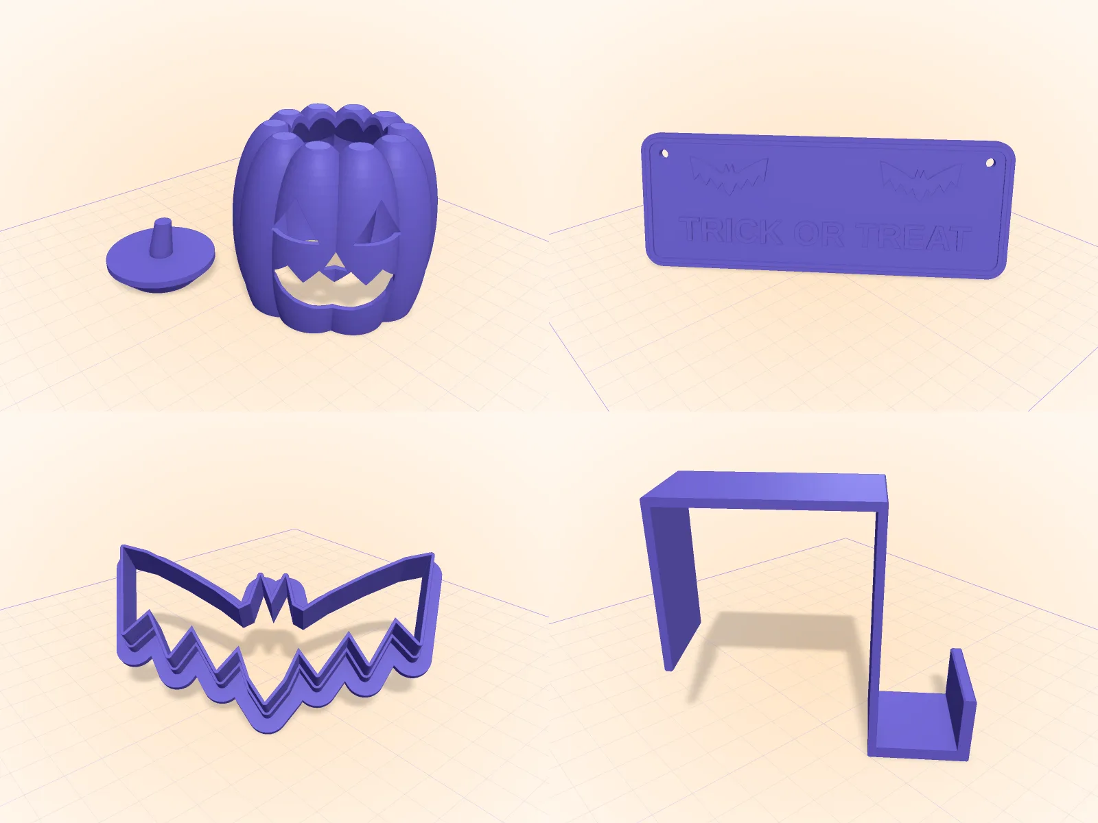 Four Halloween parts designed in SpeakCAD: a jack-o'-lantern for a tea light, a TRICK OR TREAT door sign, a bat cookie cutter and an over-the-door hook