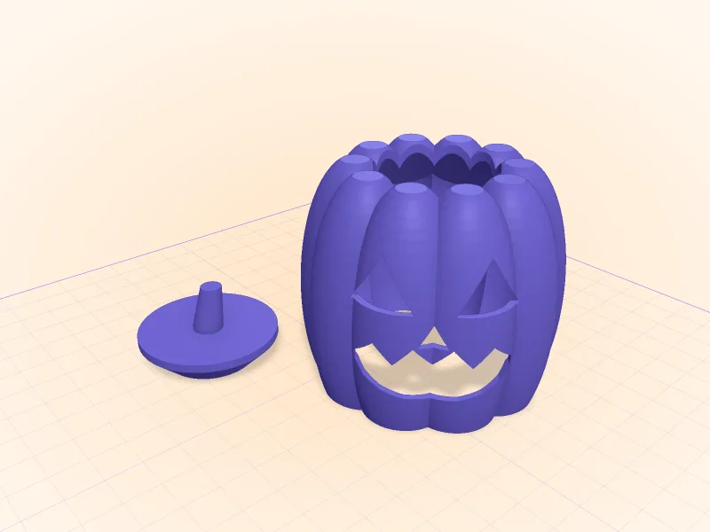 A ribbed 3D-printable jack-o'-lantern with triangle eyes and a zigzag grin, and its lid with a stem
