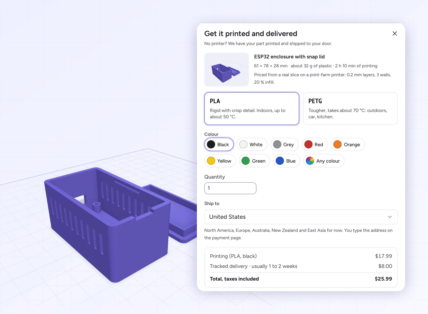 An ESP32 enclosure next to SpeakCAD's print order form: PLA or PETG, eight colours or any colour, quantity, country, and the price with tracked delivery, $25.99
