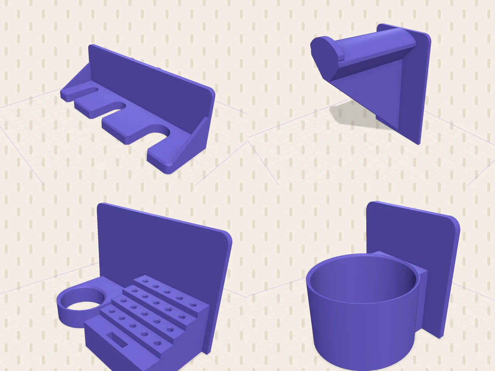 Four IKEA SKÅDIS holders designed in SpeakCAD on a pegboard background: a Knipex Cobra pliers rack, an AirPods Max hanger, a Dremel bit rack and a WD-40 can holder